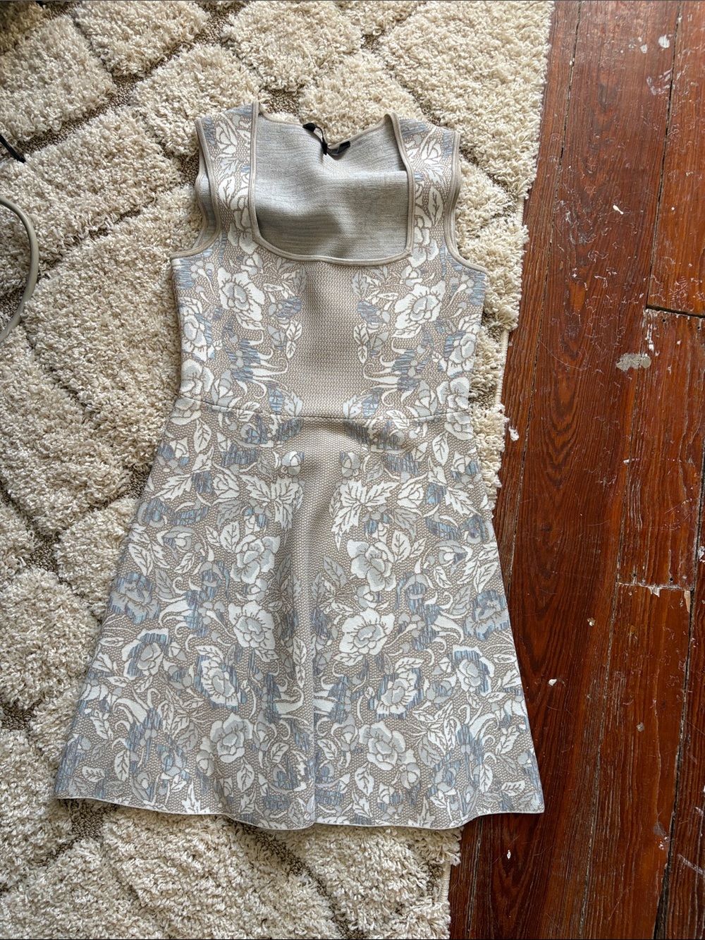 BCBGMaxAzria Beige and Light Blue Floral Knit Mini Dress